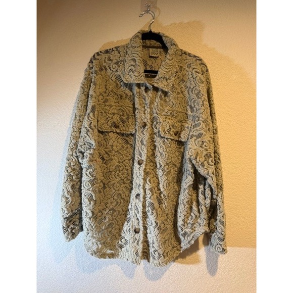 Jaded Gypsy Tops - Jaded Gypsy Sweet Whispers Lace Button Down Shirt Sage Green Oversized O/S